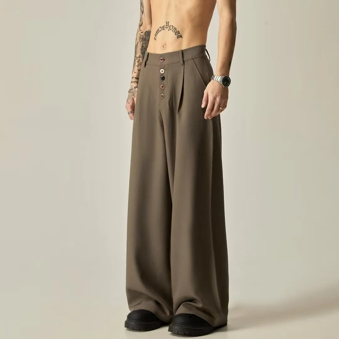 Men's solid colour vertical tube wide-leg casual trousers in black or brown with straight-leg design