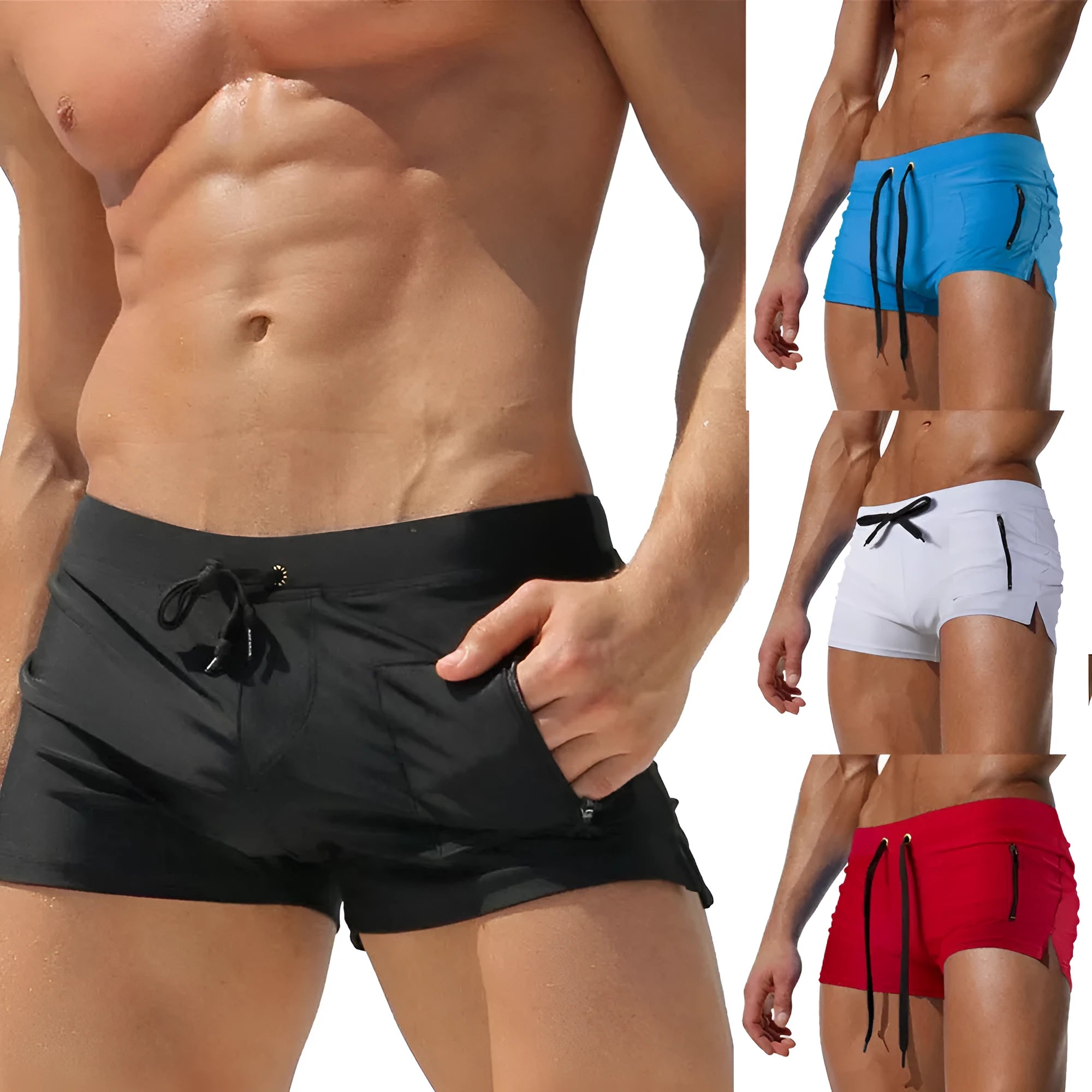 Men's black polyester swimming trunks with high waist and front lace-up closure