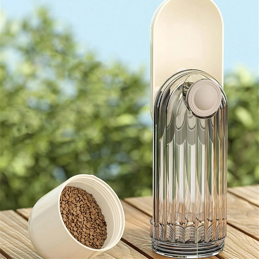 Beige foldable dog water bottle and food dispenser with leak-proof design for outdoor use