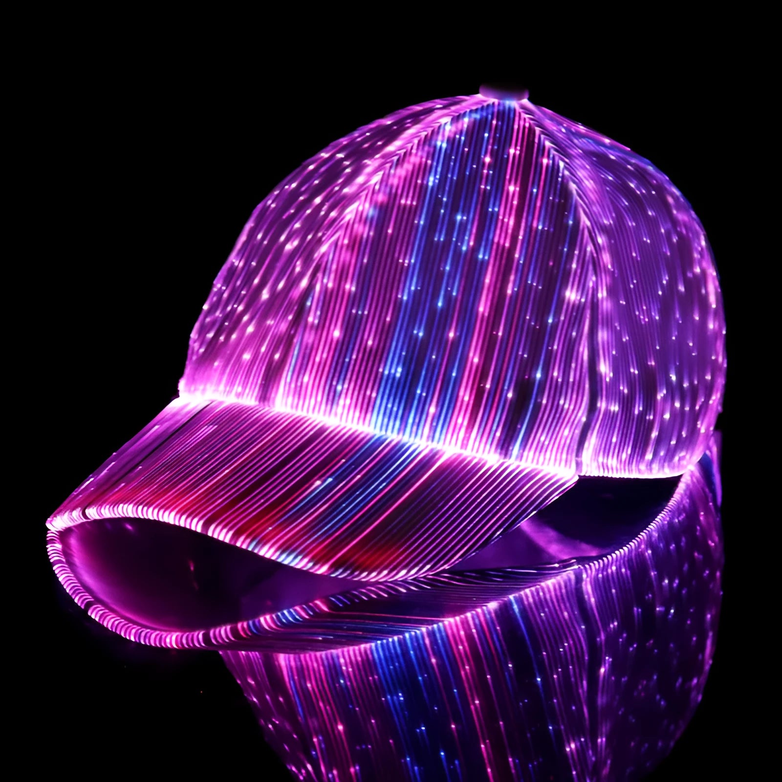 Luminous baseball cap with LED light fibre optic glow, dome crown, black colour, free size
