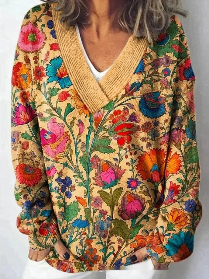Women's V-neck long sleeve sweatshirt with a 3D floral art retro pattern in various colours