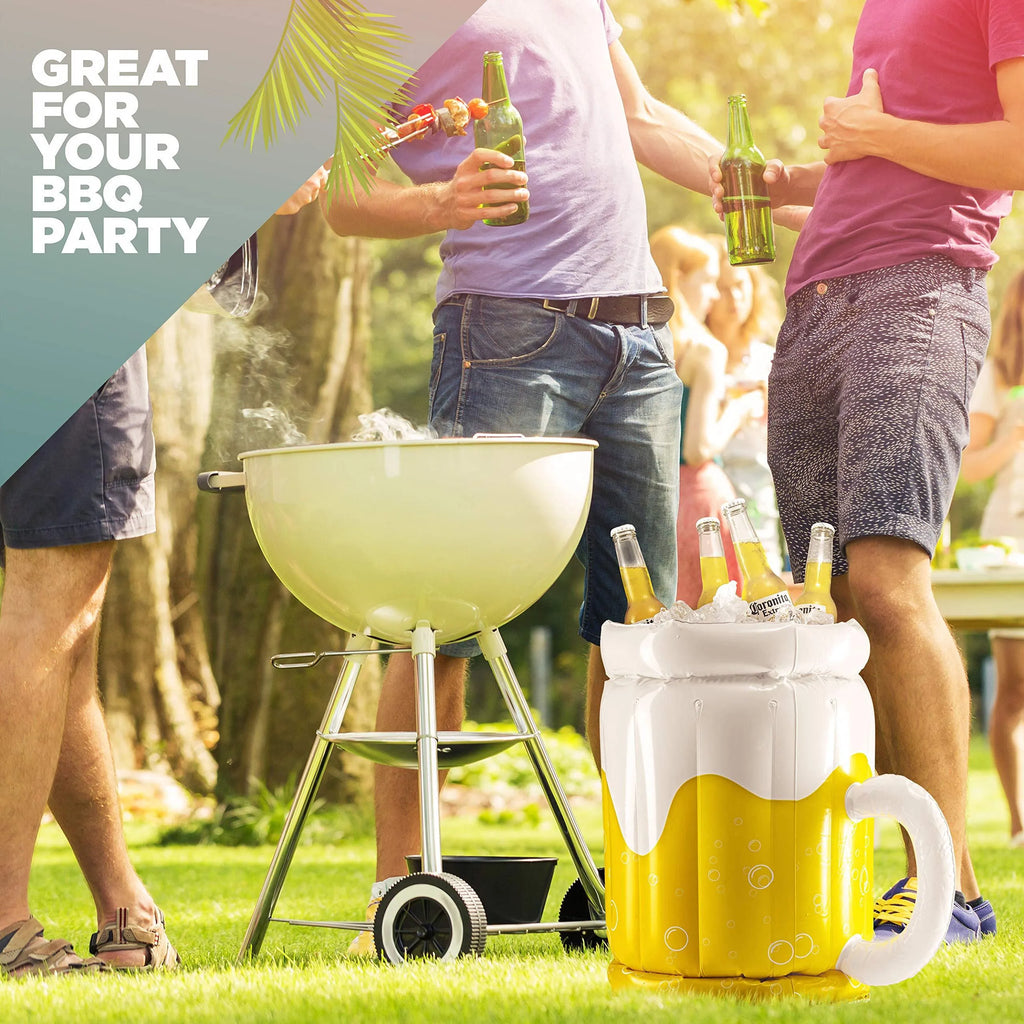 Large yellow inflatable beer mug cooler float holding drinks in a swimming pool