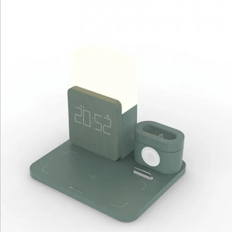3-in-1 Qi wireless charging stand for mobile phone, smartwatch and earbuds in dark green