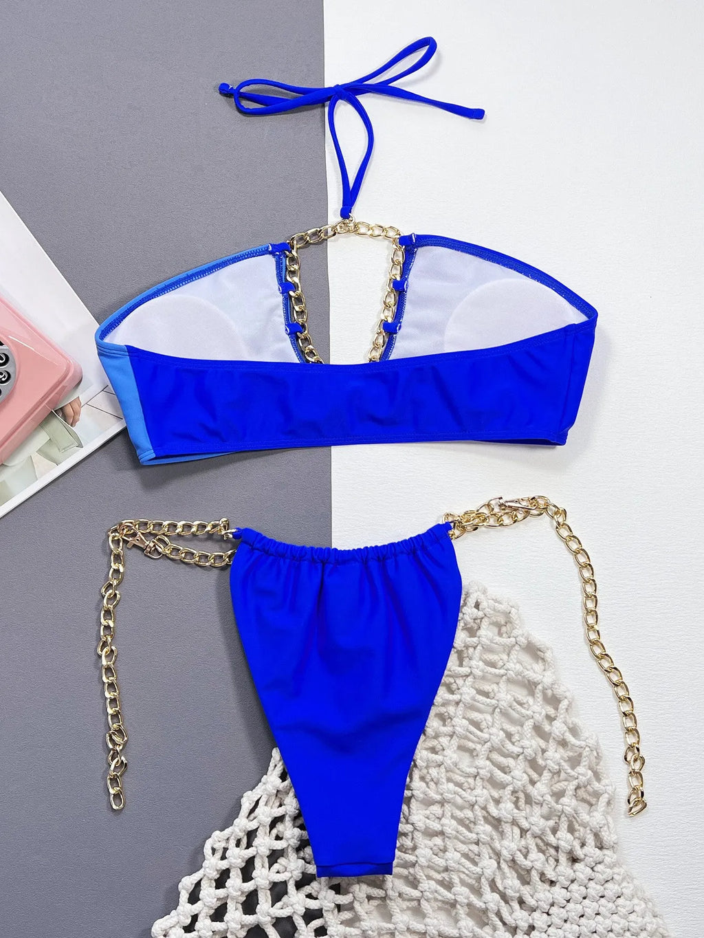 Women's solid blue nylon bikini set two-piece swimsuit front view