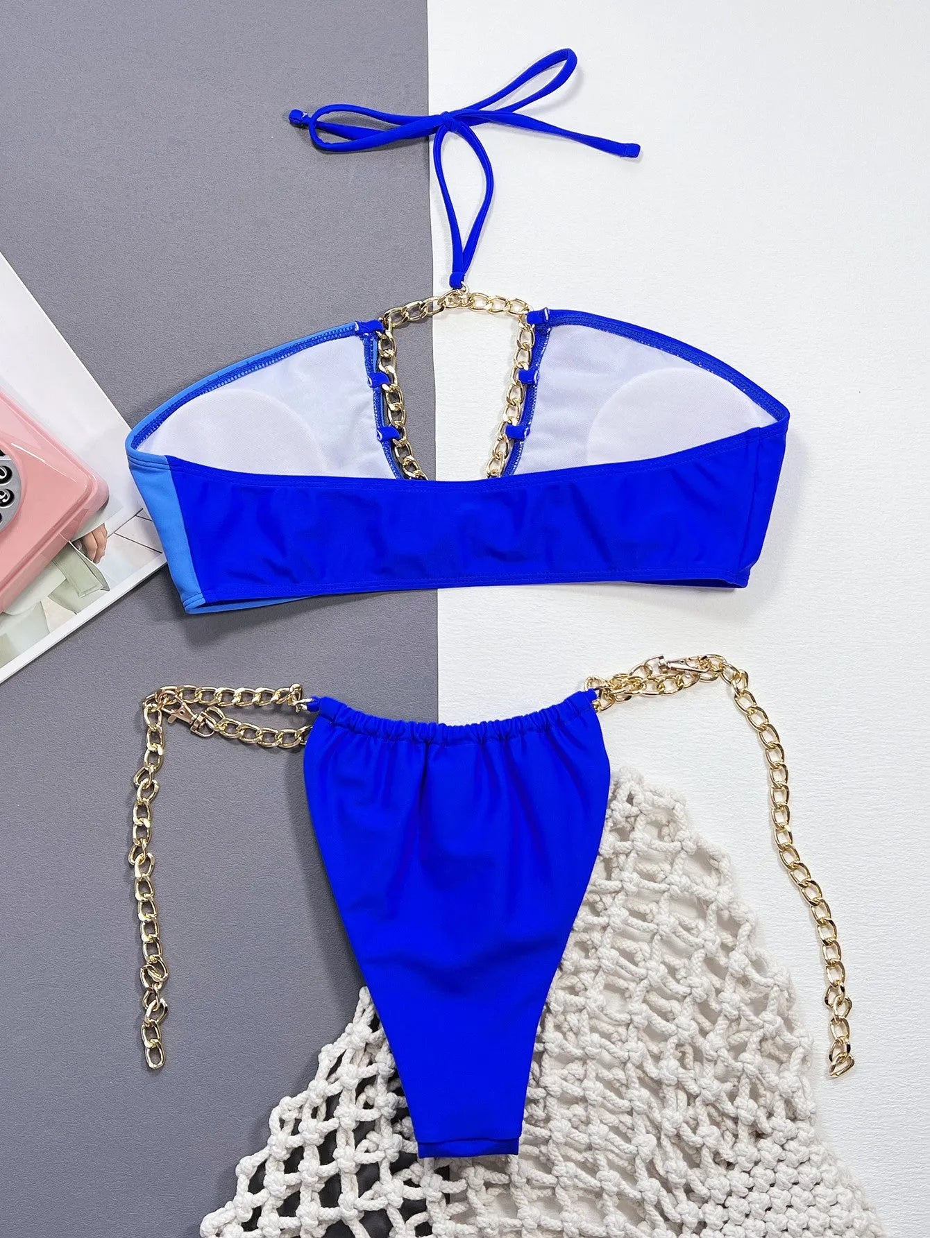 Women's solid blue nylon bikini set two-piece swimsuit front view