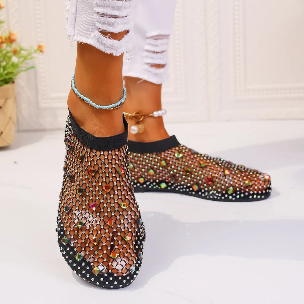 Women's colourful rhinestone mesh flat sandals with round toe and rubber sole