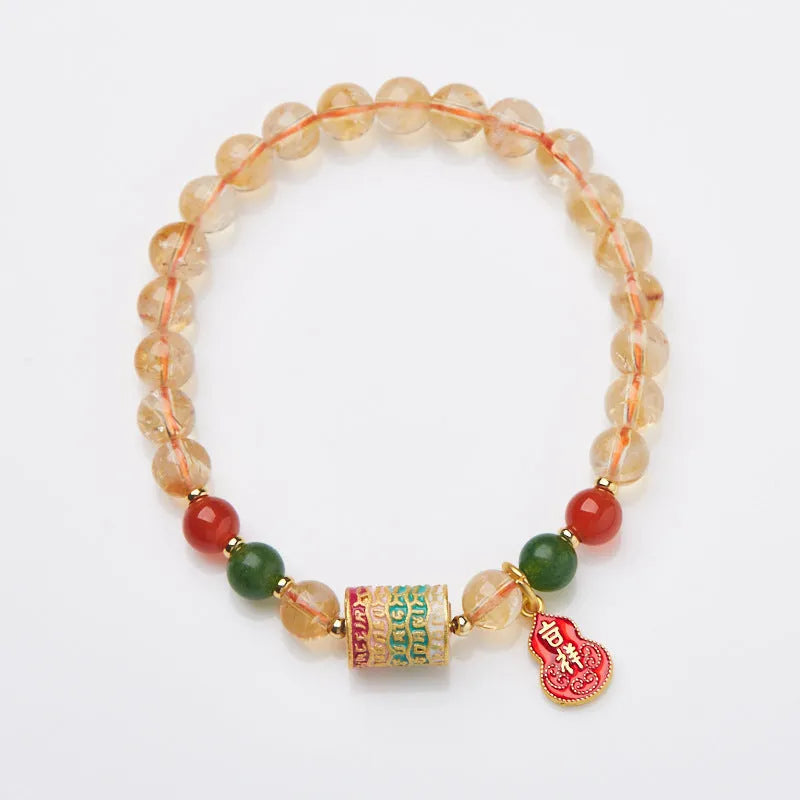 Hand-woven citrine five sutra bracelet with 6mm crystals in geometric braided pattern