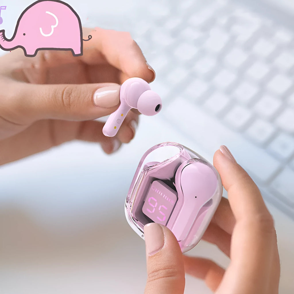 Mini LED display wireless Bluetooth headset with charging compartment in pink colour option