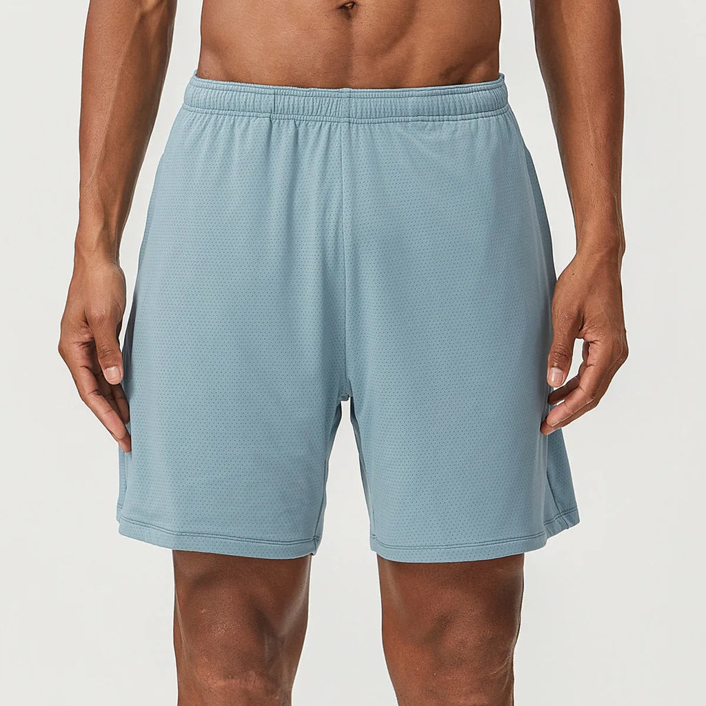 Men's quick-dry double-layer running shorts in multiple colours on a size chart.