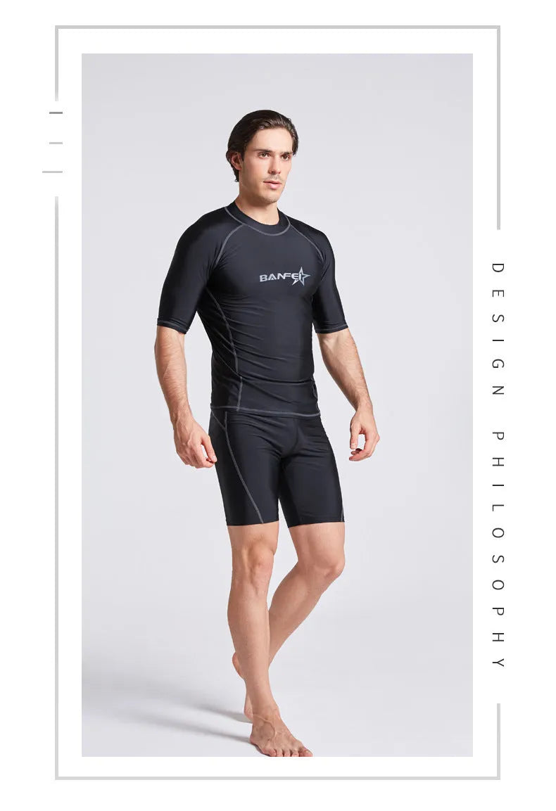 Men's quick-dry nylon swimsuit top and pants set for surfing and snorkelling.