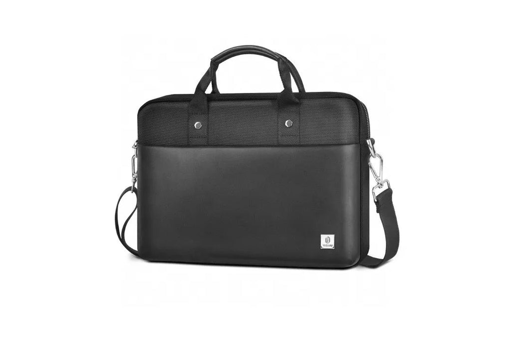 Black Oxford cloth laptop backpack showing multiple pockets and a separate padded compartment for a computer.