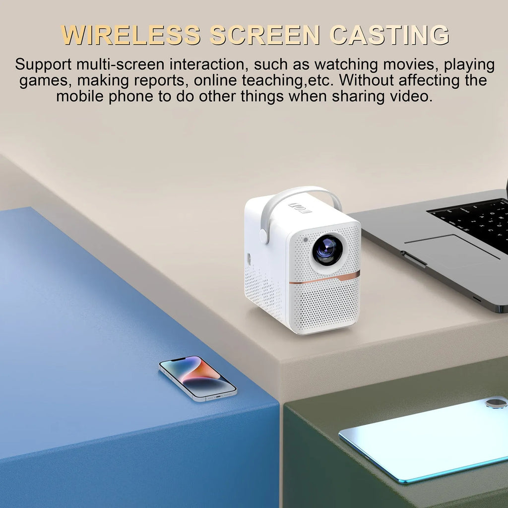P10 2023 mini portable LCD projector in black with Android system, 720p resolution and 400 lumens