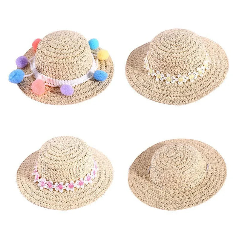 Handmade adjustable bowknot pet hat for dog or cat in cartoon style, shown in multiple colours.