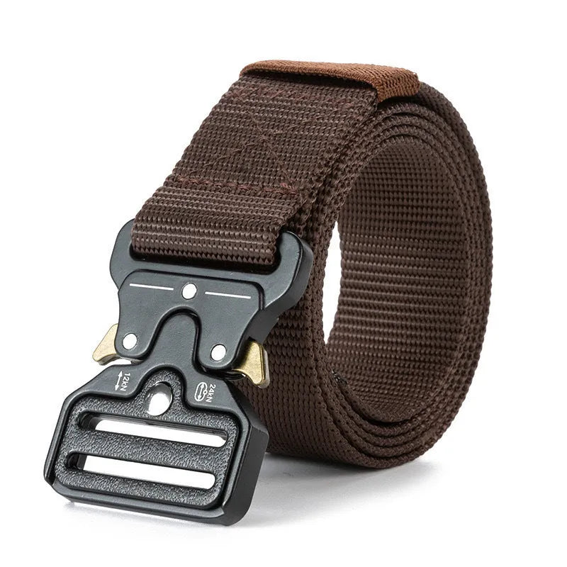 Men's thick canvas tactical belt with alloy buckle in multiple colour options showing release mechanism