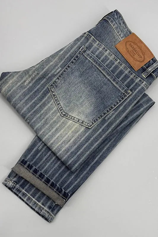 Men's striped cropped jeans slim fit retro denim trousers with zipper fly straight leg ankle length