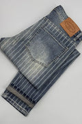 Men's striped cropped jeans slim fit retro denim trousers with zipper fly straight leg ankle length