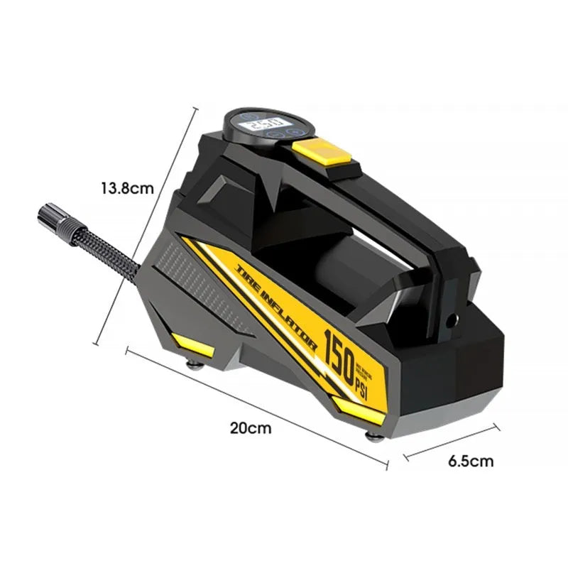 Black portable digital tyre inflator with display and LED light for 12V car use.