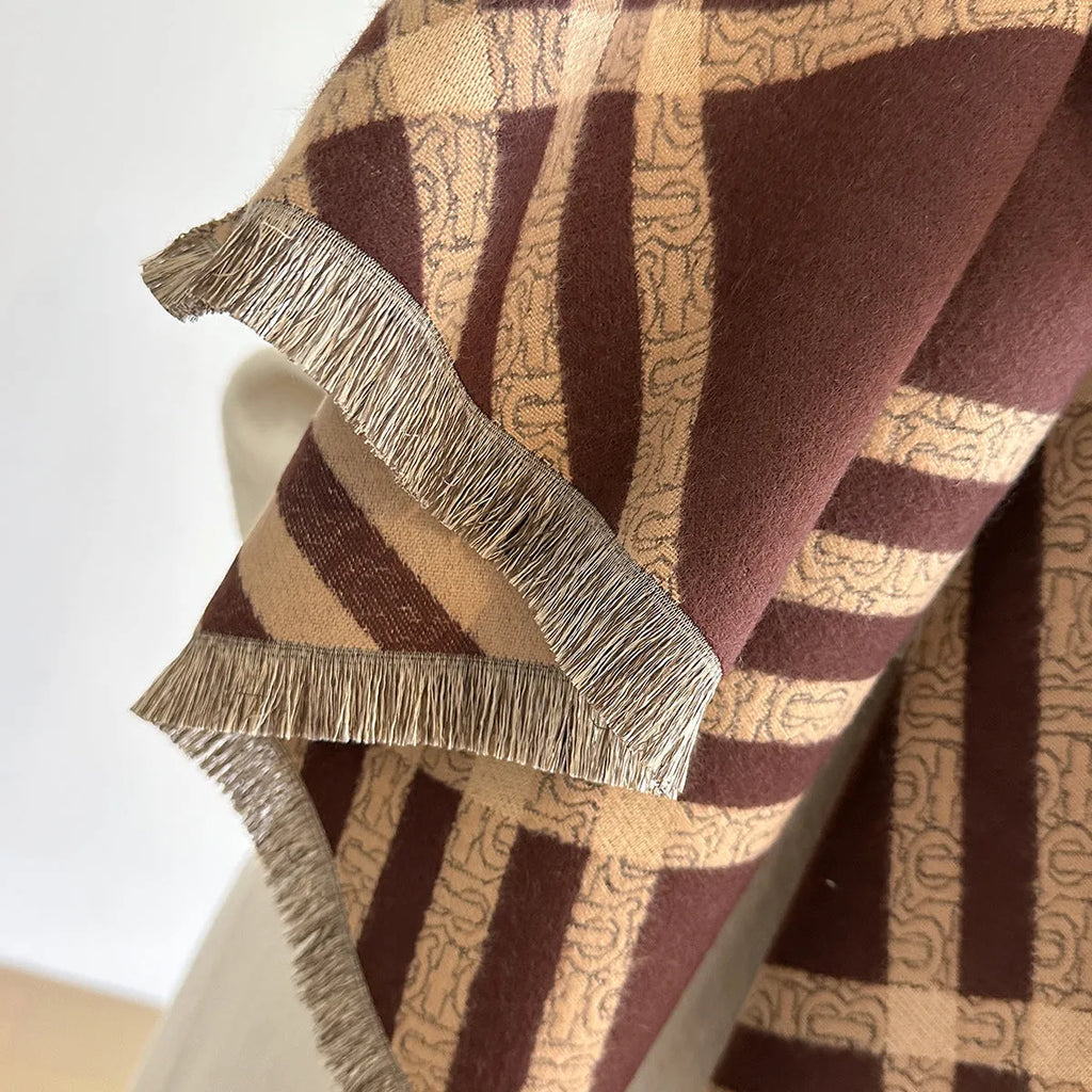 Qianjin imitation cashmere tassel scarf in 185x65cm size shown in four colours brown black black camel khaki