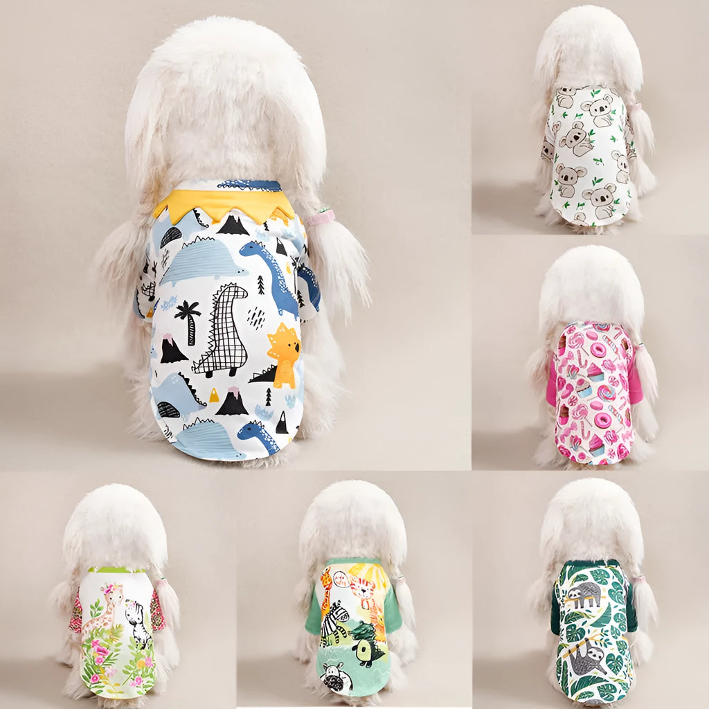 Colourful printed polyester T-shirt for a small dog, showing size chart for S, M, L, XL, and XXL.