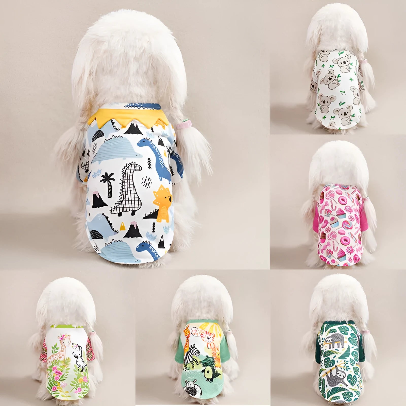 Colourful printed polyester T-shirt for a small dog, showing size chart for S, M, L, XL, and XXL.