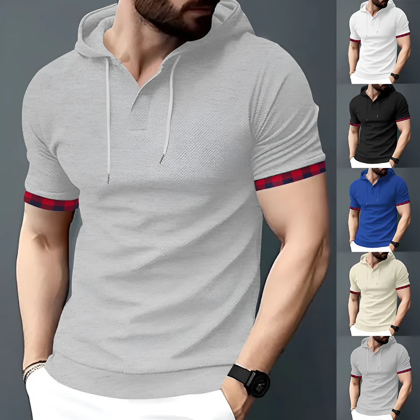 Men's short sleeve hooded top in solid colour, polyester blend, available in plus sizes
