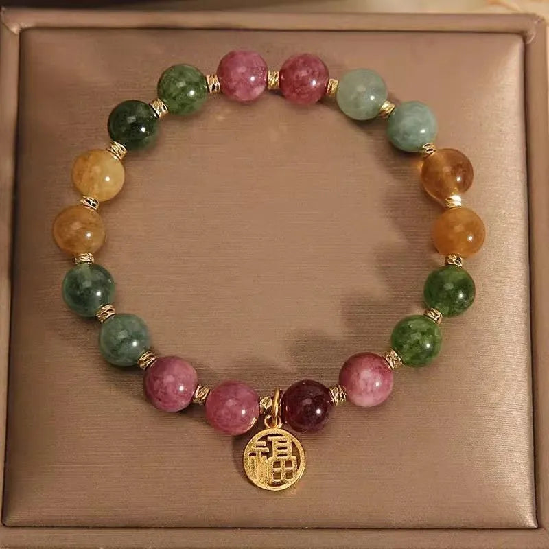 Natural colour tourmaline flower bracelet for women, geometric shape, electroplated finish, unisex style