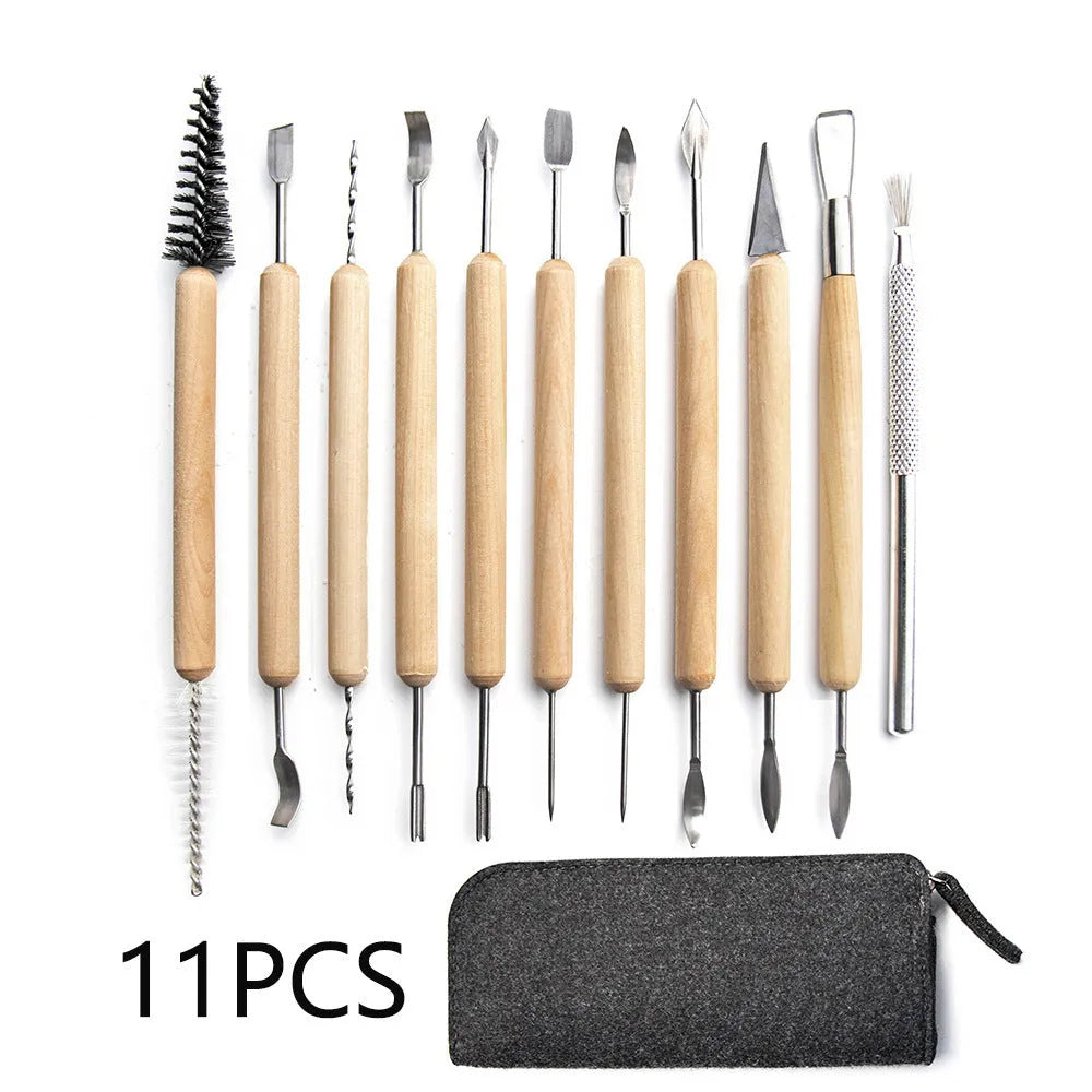 11-piece clay tools set with wooden handles and stainless steel tips displayed on a surface with a blue storage bag