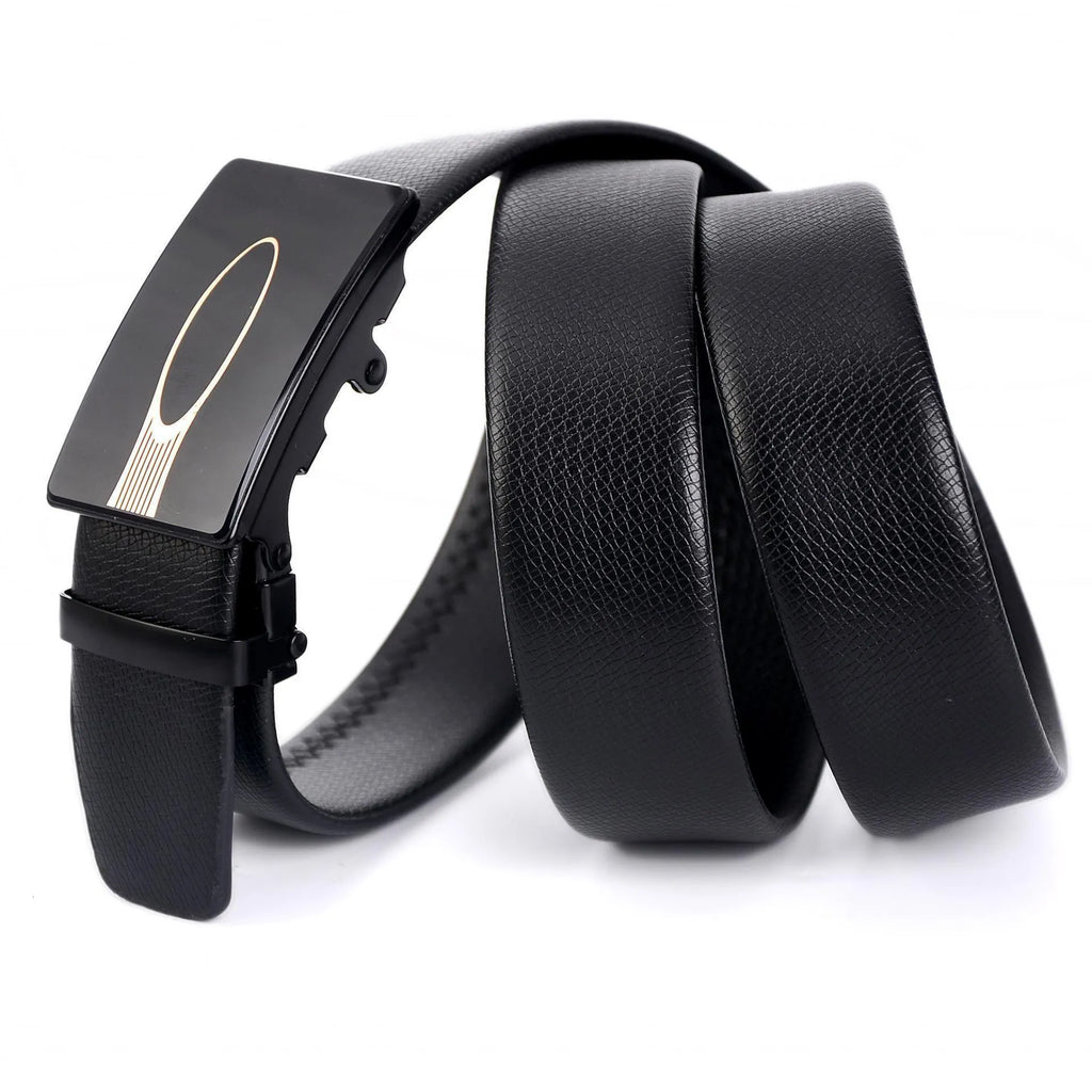 Men's automatic buckle belt with mirror acrylic iron button, patent leather finish, showing buckle close-up