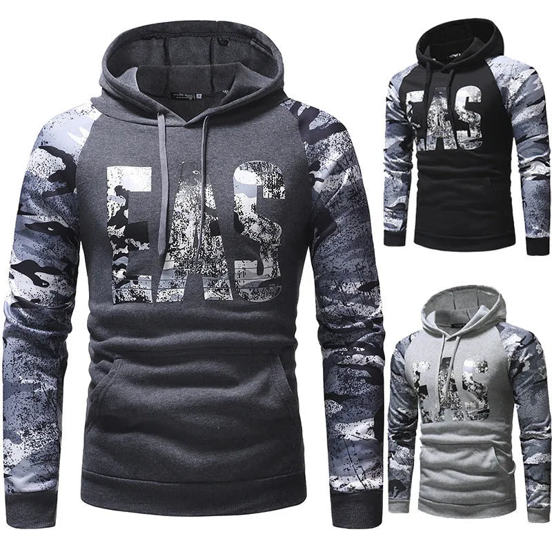 Men's long sleeve camouflage print hooded sweatshirt in black, front view