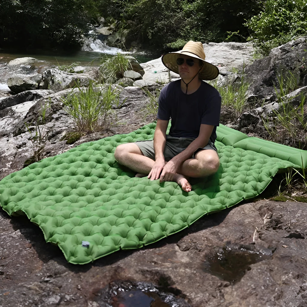Double air mattress for camping widened outdoor airbed in army green with pillow 200x120x7cm