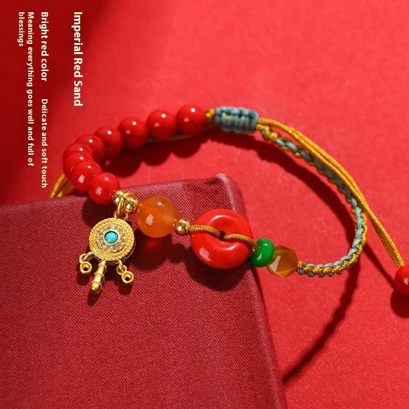 Hand-woven cinnabar peace blessing buckle bracelet Emperor red sand geometric national style women's accessory