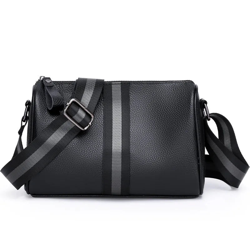 Black genuine leather one-shoulder crossbody bag with large capacity.