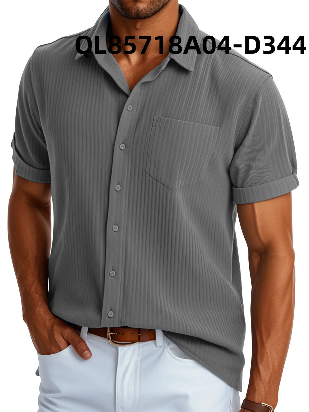 Men's loose short sleeve lapel shirt with printed pattern in black and white lines, front view