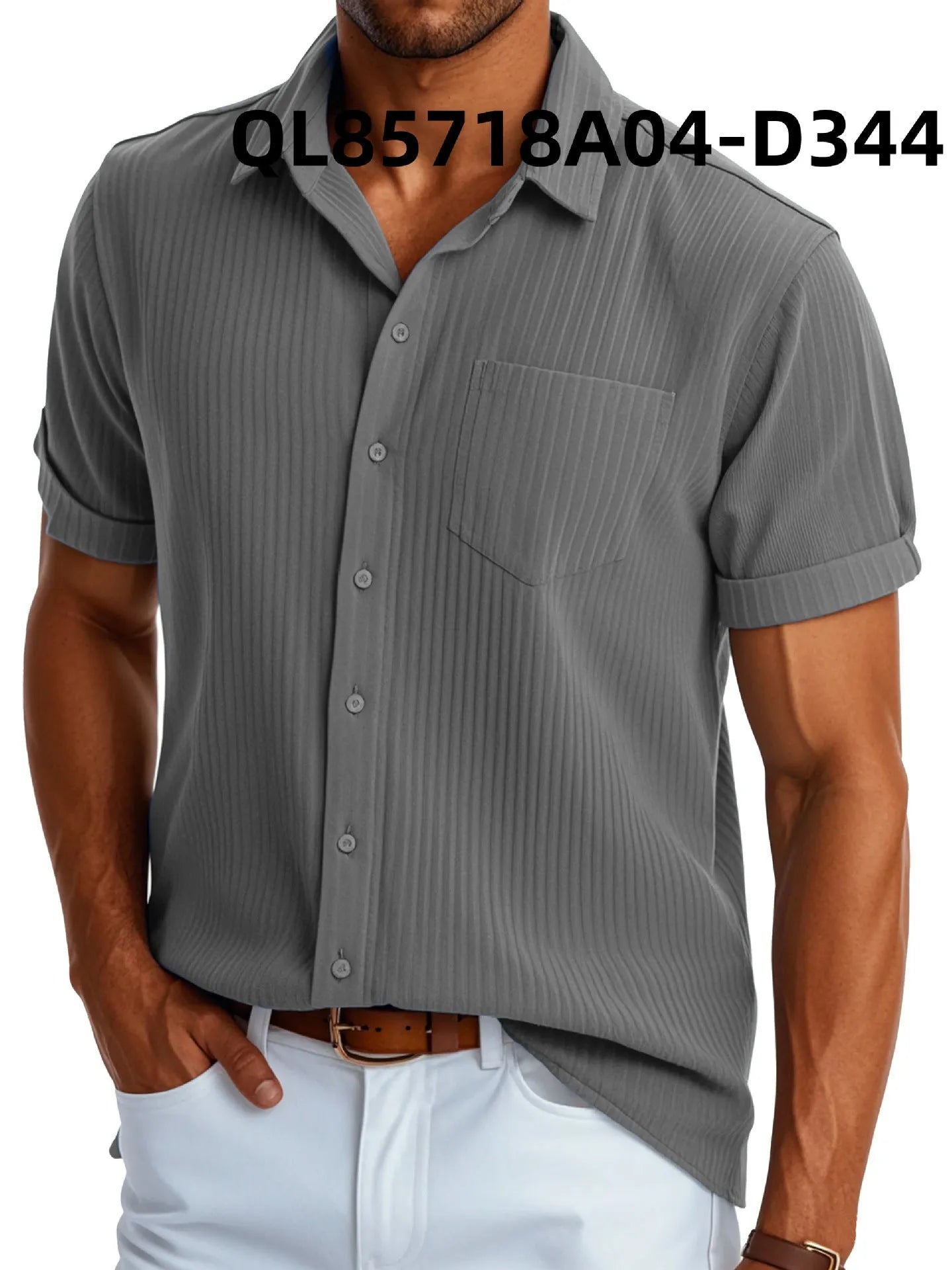 Men's loose short sleeve lapel shirt with printed pattern in black and white lines, front view
