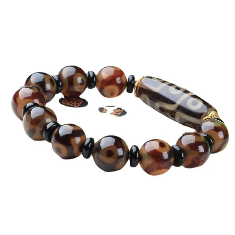 Distressed agate three-eye Tibet beads bracelet polished natural stone bracelet with dzi bead motif