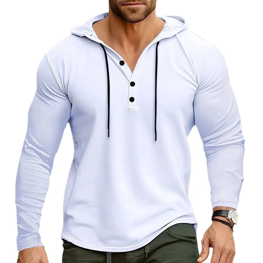Men's sports fitness hooded long sleeve top in thin polyester, available in 10 colours, Asian sizing S to XXXL