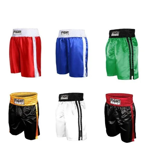 Boxing shorts in various colour combinations with striped or contrasting waistbands, showing athletic fit for training.