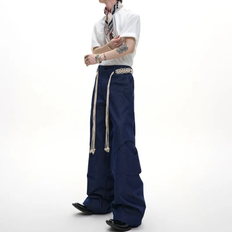 Cotton straight-leg men's trousers with heavy 3D stitching and micro-elastic construction in dark colours