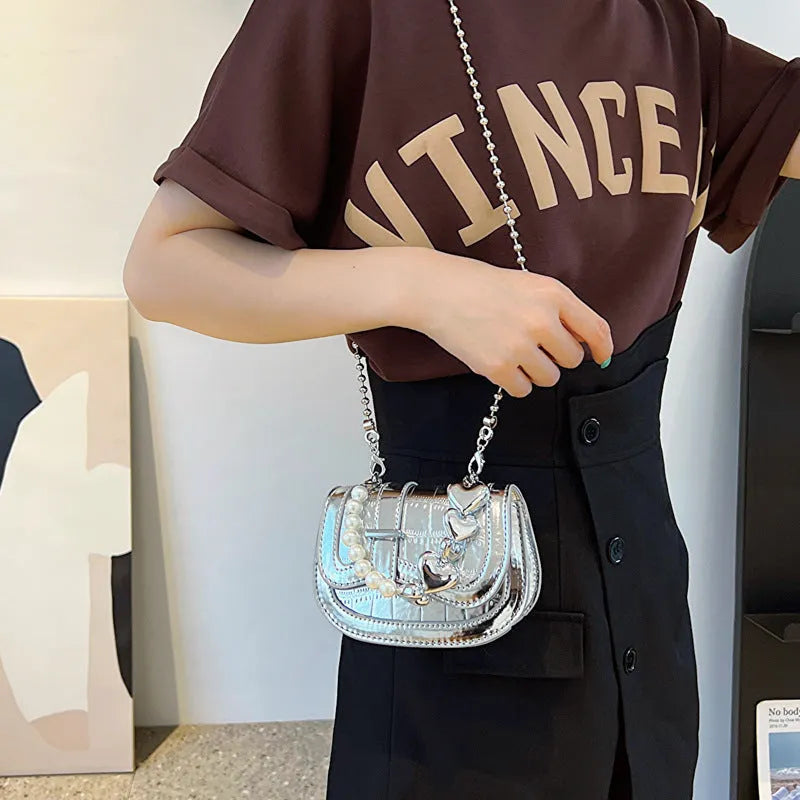 Laser pearl PU leather mini tote saddle crossbody bag in silver colour with single shoulder strap