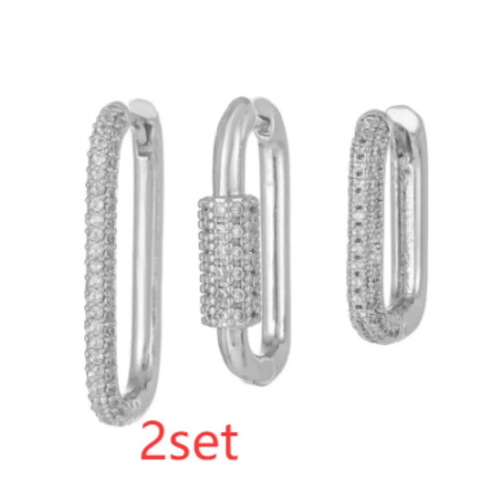 Geometric three-piece ear clip set with micro inlaid zircon detailing on copper in gold and white colour options
