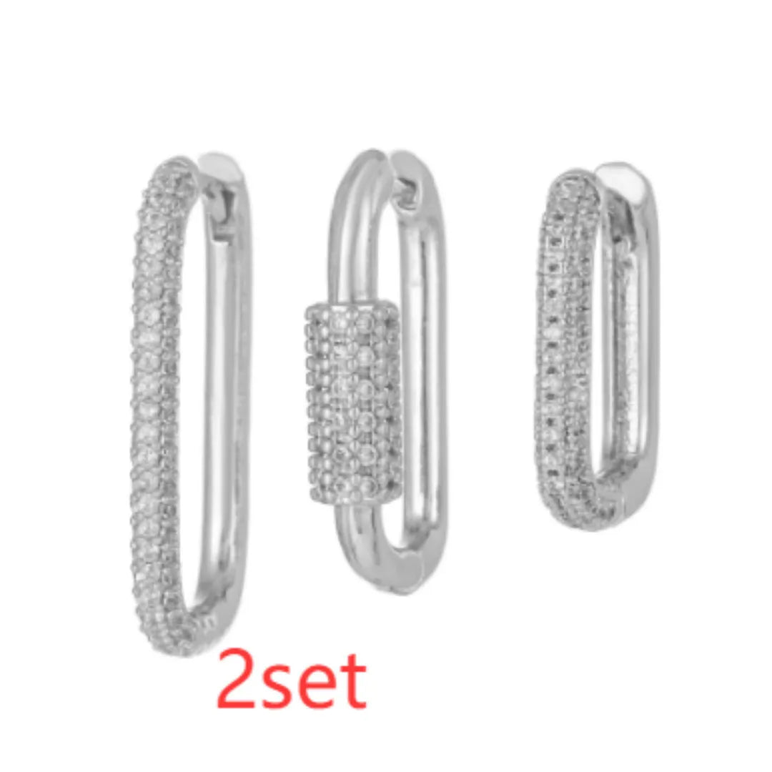 Geometric three-piece ear clip set with micro inlaid zircon detailing on copper in gold and white colour options