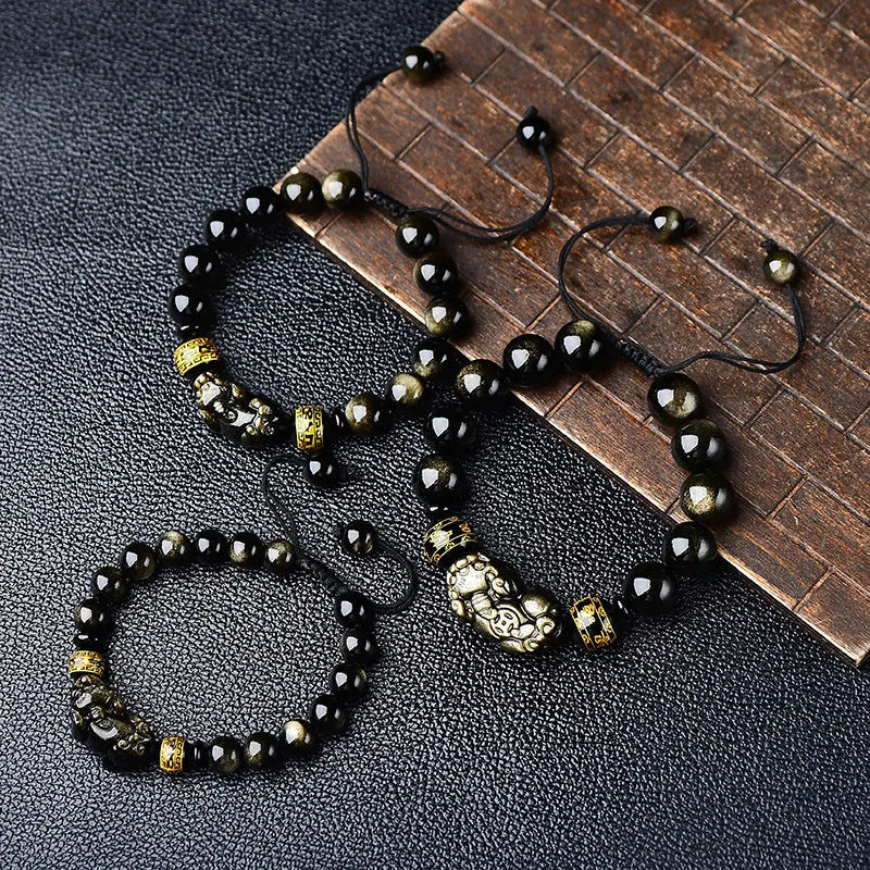 Natural golden obsidian Pi Xiu bracelet hand-woven Chinese style unisex bead sizes 8mm 10mm 12mm 14mm