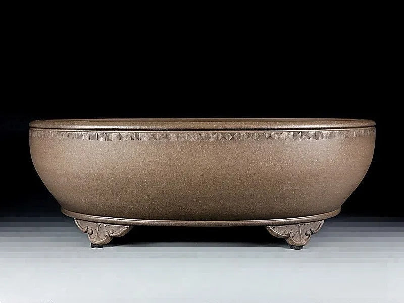 Handmade oval purple sand flowerpot with black mud green finish for desktop or ground plant displays