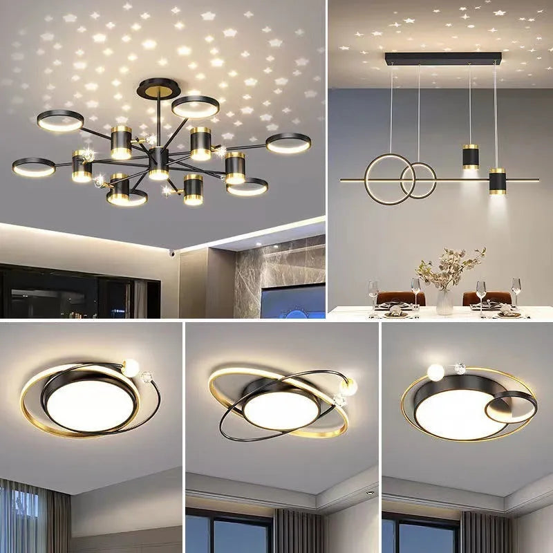 Black iron pendant lamp with 13 light heads and remote control for 15-30 square metre rooms