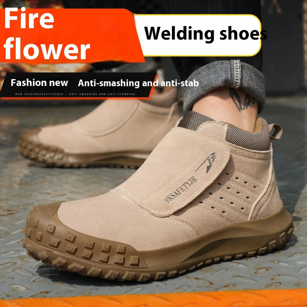 Four Seasons lightweight welder labour protection shoes steel toe anti-scald PU leather mid-top grey
