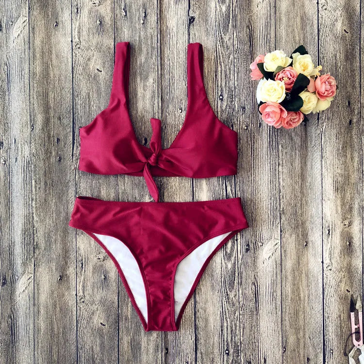 Solid colour bikini set on a hanger showing the bra and panties in a wine red shade.