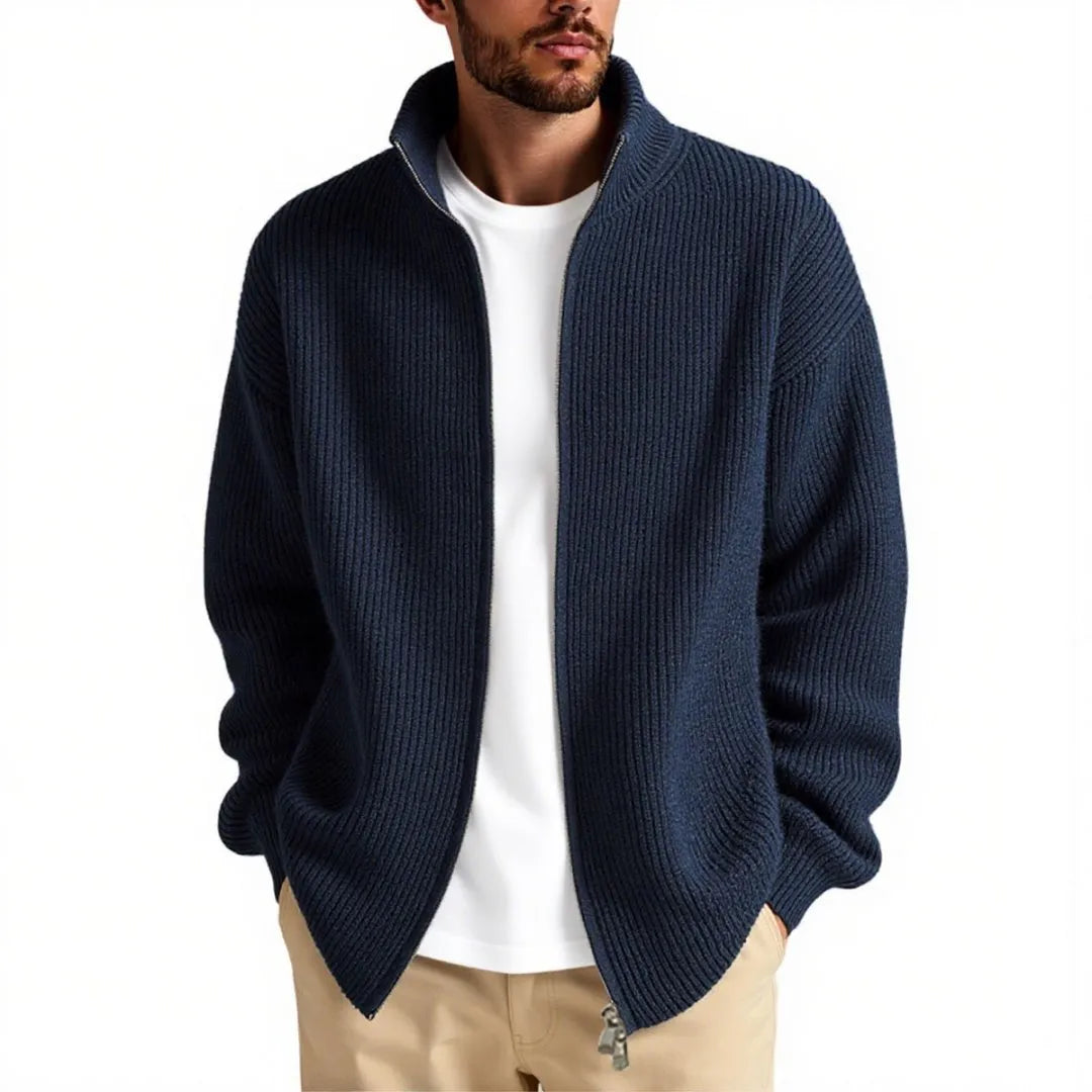 Men's loose fit cardigan sweater coat in acrylic blend fabric showing colour options