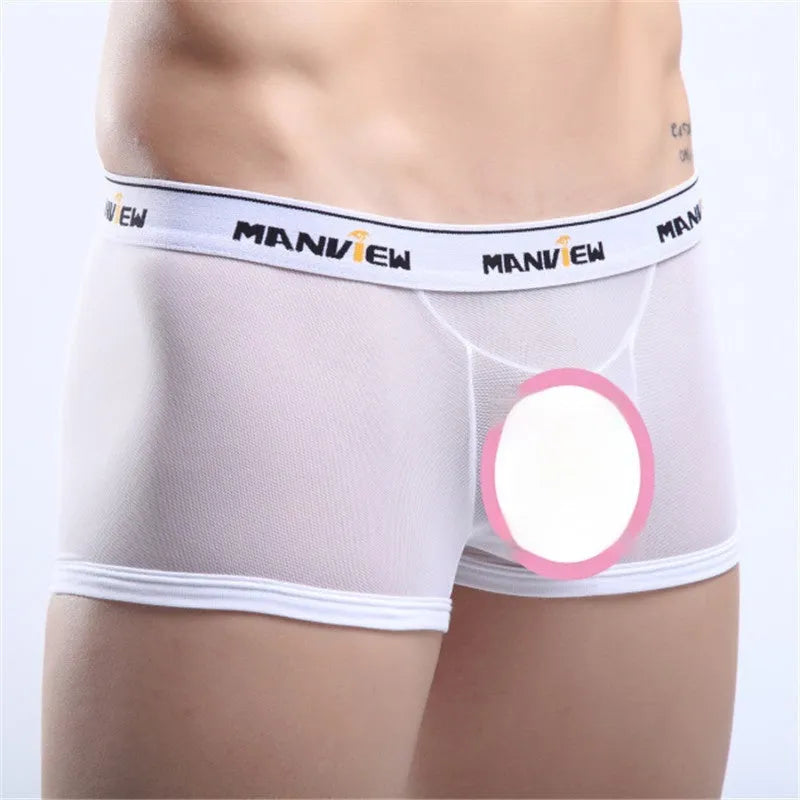 Solid colour men's mesh boxer underwear in black on a white background, showing elastic waistband