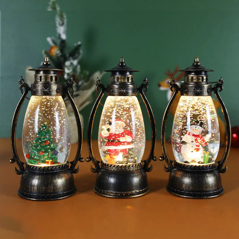 Crystal ball portable oil lamp Christmas ornament with plastic construction and paper-detailed seasonal figure