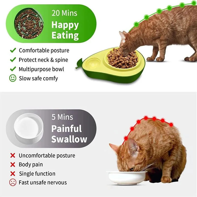 Avocado-shaped automatic water pet feeder with a green water reservoir and a pink slow food bowl on a white surface